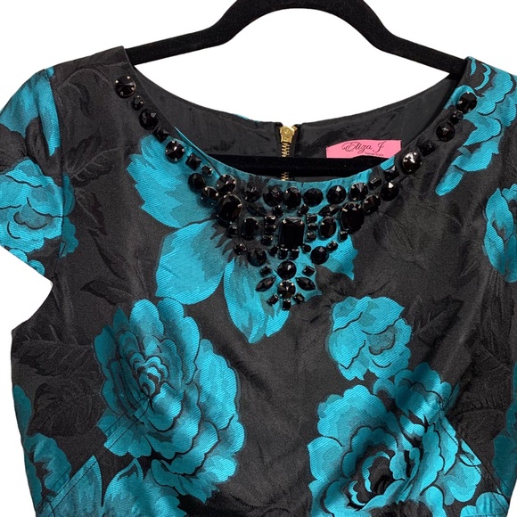 VINTAGE ELIZA J. BLACK & TEAL-BLUE BOAT NECK EMBELLISHED JACQUARD  RHINESTONE - Picture 14 of 16